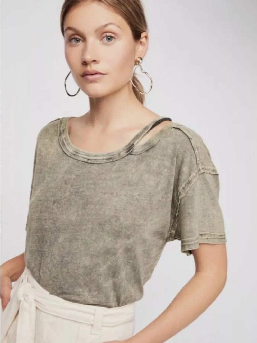 Free People Washed Olive Short Sleeve Scoop Tee- Size XXS